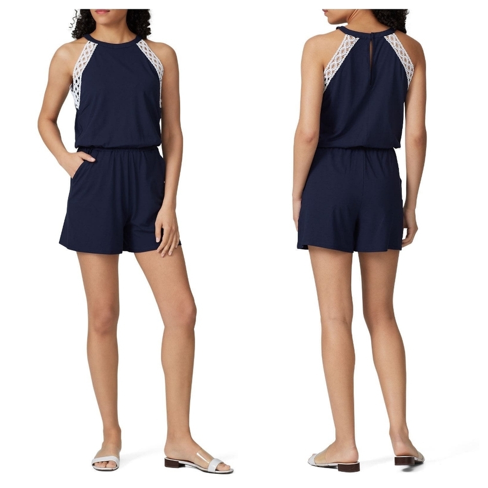 Lilly Pulitzer LALA Romper Sz XS Navy Blue White Lace Trim Pocket Cottagecore